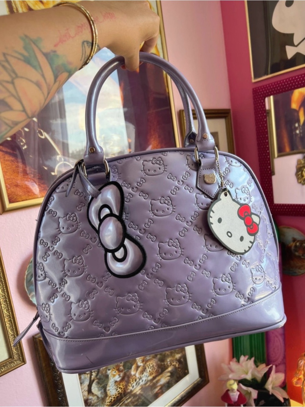 Hello Kitty Lavender Patent Dome Satchel with Bow Charm